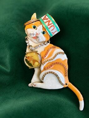 VTG ~ Lunch At The Ritz “Tuna Kitty” Brooch~Pendant ~ Signed ~ Swarovski Crystal